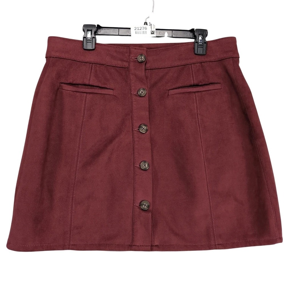 Maurices Faux Suede Mini Skirt Size 16 Button Front Stretch Maroon Boho Western
